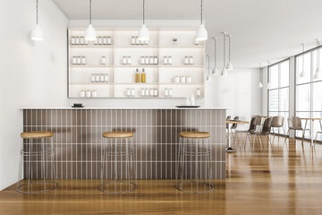 Wooden cafe interior with bar counter and cupboard, table and chairs near window