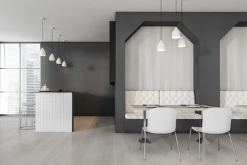 Wooden cafe interior with bar counter and chairs, sofa with table