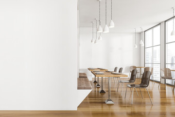 Mockup copy space in wooden cafe interior with table and chairs, open space restaurant