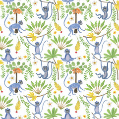 Watercolor painting seamless pattern with cute blue monkey with palms, flowers and banana © ramiia