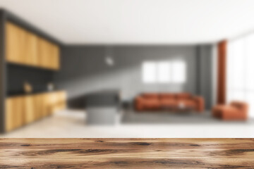 Living room interior blurred with wooden kitchen and sofa, mock up