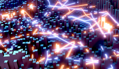 Fototapeta na wymiar Voxel colourful abstract background Illuminated cubes 3D render with neon lights representing roads, traffic, network connections. Business, science and technology concept background