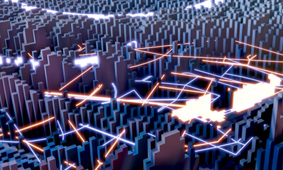 Voxel colourful abstract background Illuminated cubes 3D render with neon lights representing roads, traffic, network connections. Business, science and technology concept background
