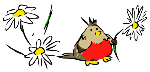 Bird with daisy flower cute cartoon animal vector isolated colorful illustration