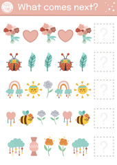 What comes next. Mothers day matching activity for preschool children with traditional holiday symbols and animals. Funny educational puzzle. Logical worksheet. Continue the row game..