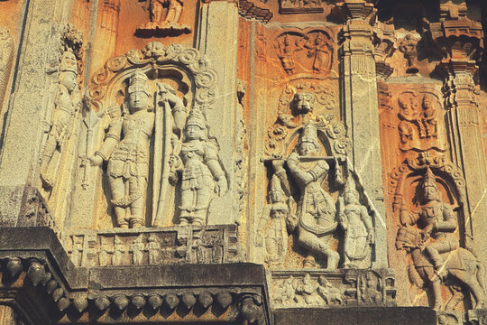 Avatars of Lord Vishnu on the wall of a Hindu temple in Sringeri. Stone sculptures of Rama, Krishna and Kalki. Architecture of ancient India. 