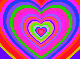 Hypnotic heart shaped tunnel. Rainbow retro wallpapper in the mood of the psychedelic 70's.