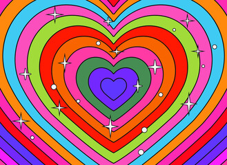 Hypnotic heart shaped tunnel. Rainbow retro wallpapper in the mood of the psychedelic 70's.