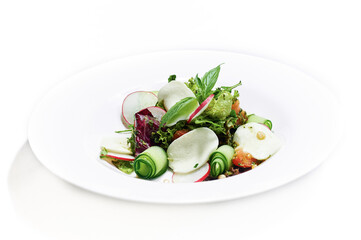 Vegetable and greens salade with mozzarella and pine nuts