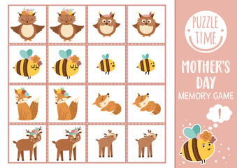 Vector Mothers day memory game cards with baby animals and their mothers. Matching activity with cute characters. Remember and find correct card. Simple spring printable worksheet for kids. .