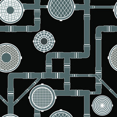 Sewer seamless pattern, pipes and sewers black and white varian