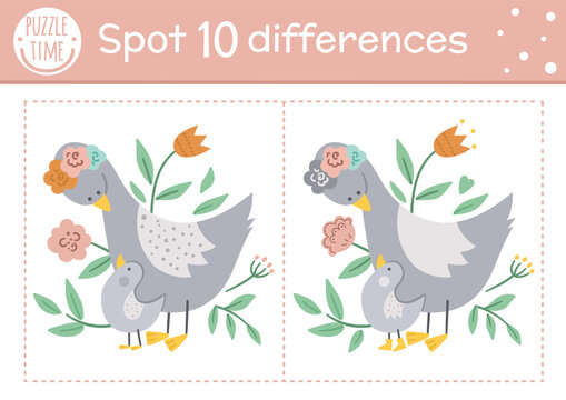 Mothers day find differences game for children. Holiday educational activity with funny baby goose and his mother. Printable worksheet with cute characters. Spring puzzle for kids..