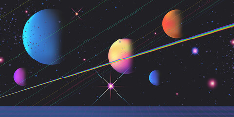 Vintage cosmic background illustration with rainbow and glow laser line, retro tint color vhs style, tech nerd 80s - 90s space odyssey inspitration