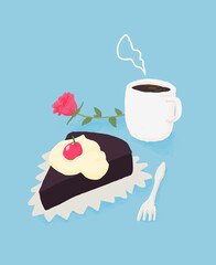 Cute painting of chocolate fudge cake and hot coffee in blank white cup with rose flower decoration, simple and clean sunday morning vibe digital painting illustration gouache style