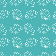 Abstract sea background with shells. On a blue background with the possibility of change. For paper, fabric and wallpaper.