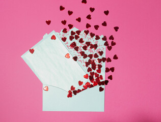 Romance white envelope or letter with red heart,love,on the pink backgroud,flat lay,for celebration