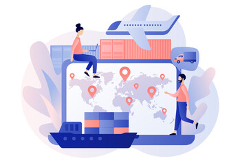 Global logistics network. Export, import, warehouse business, transportation. Business logistics. Tiny people tracks orders online. On-time delivery. Modern flat cartoon style. Vector illustration