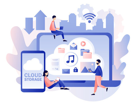 Cloud storage online. Cloud computing services. Data processing. Tiny people place data, music, photo, video in big cloud server. Modern flat cartoon style. Vector illustration on white background