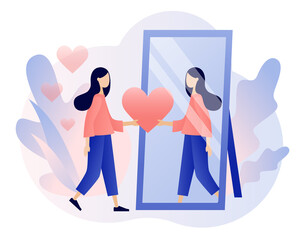 Love yourself. Love your body. I love myself. Bodypositive concept. Tiny lady looks at her reflection in mirror, expressing self love and care. Modern flat cartoon style. Vector illustration