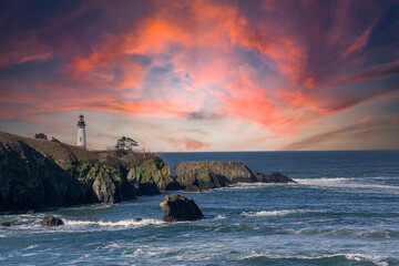 The Yaquina Head Lighthouse at Sunset near Newport on the Oregon coast