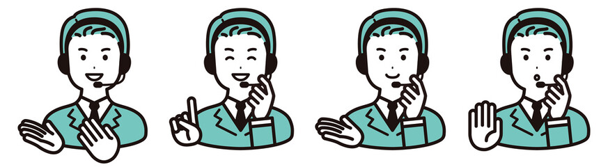 表情バリエーションのセット　コールセンター、オペレーターの男性