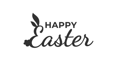 Happy Easter text lettering with bunny illustration isolated on white background. Usable for greeting card, banner, and background.