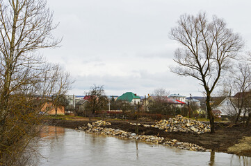 Fototapeta premium Spring flood in Tysmenytsia, Western Ukraine