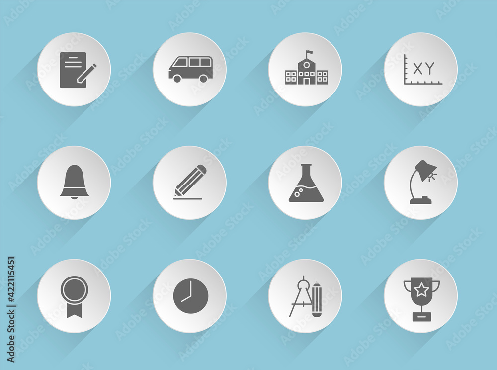 Poster school vector icons on round puffy paper circles with transparent shadows on blue background. school