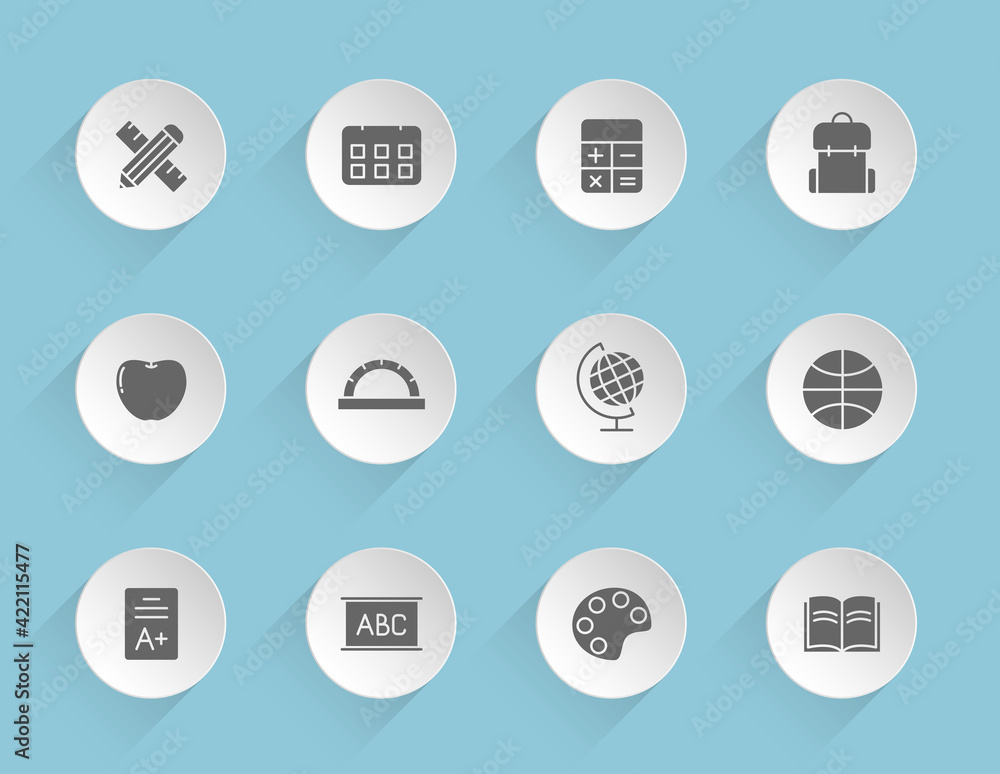 Poster school vector icons on round puffy paper circles with transparent shadows on blue background. school