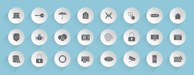 security vector icons on round puffy paper circles with transparent shadows on blue background. security stock vector icons for web, mobile and user interface design