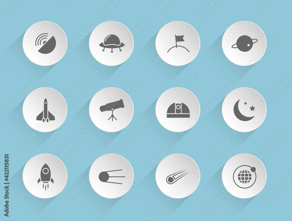Aufkleber space vector icons on round puffy paper circles with transparent shadows on blue background. space s
