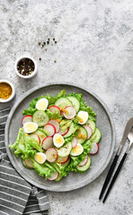 Spring salad with radish, cucumber, egg and salad leaves on a concrete plate.