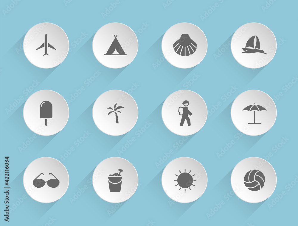 Poster summer vector icons on round puffy paper circles with transparent shadows on blue background. summer