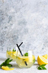 Fresh summer drink. Cold lemonade with mint on a concrete background.