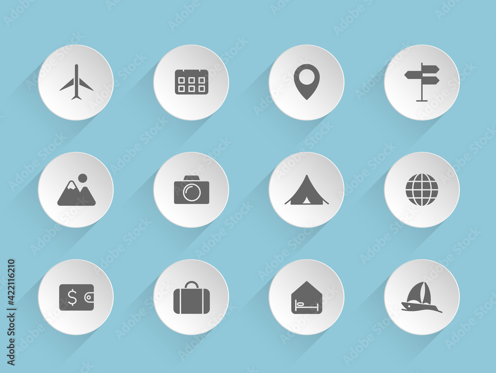 Poster travel vector icons on round puffy paper circles with transparent shadows on blue background. travel