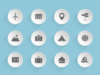 travel vector icons on round puffy paper circles with transparent shadows on blue background. travel stock vector icons for web, mobile and user interface design