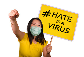 Chinese woman protestor with hate is a virus billboard - young upset Korean woman in anti covid19...