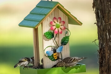 Sparrows eat at a bird feeder in spring