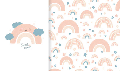 Set cute illustration and seamless pattern with spring rainbow and flowers. Collection in hand drawn style in pastel colors for kids clothing, textiles, children's room design. Vector
