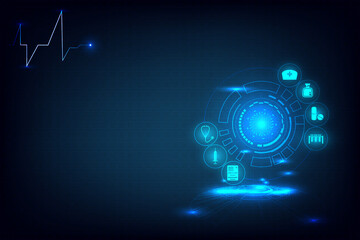 Abstract Medical technology with medicine icon on dark blue background. Template of biology and chemical line and dot connection. Hearth rate pulse line with blank space. Blue and clean scientific.