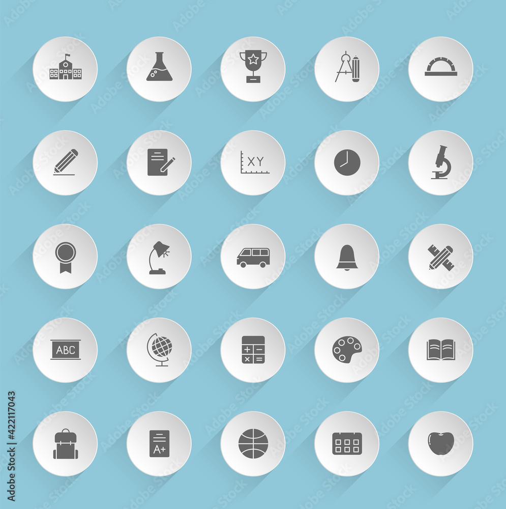 Poster school vector icons on round puffy paper circles with transparent shadows on blue background. school