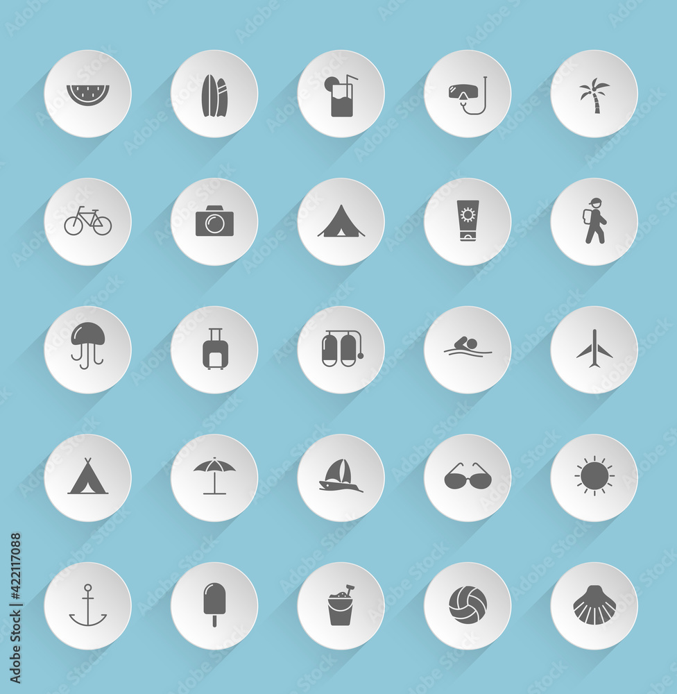 Poster summer vector icons on round puffy paper circles with transparent shadows on blue background. summer