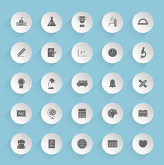 school vector icons on round puffy paper circles with transparent shadows on blue background. school stock vector icons for web, mobile and user interface design