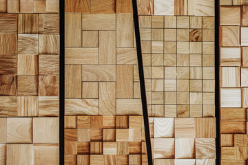 Abstract decorative ecological unpainted wooden background with geomethrical mosaik close-up, natural texture.