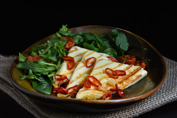 Grilled Halloumi Cheese, Fried Chile Pepper With Garlic And Mix Salad