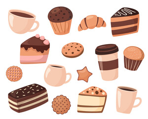 Set of cute desserts isolated on white background. Collection of delicious sweets in a cartoon style. Vector illustration of coffee and pastries. Cake, muffin, cookies, croissants
