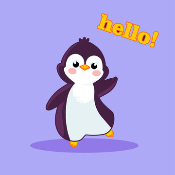 Cute happy penguin says hello. Modern vector sticker.