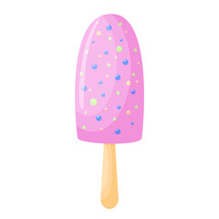 Vector illustration of sweet pink ice cream on a stick. Fruit ice in a cartoon style. Isolated on white background
