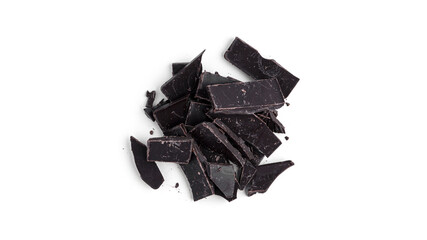 Crushed dark chocolate isolated on a white background.
