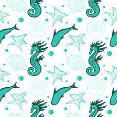 seamless patterns with marine elements. Seashells, sea, seahorse, dolphin and plants. Vector in flat style. Suitable for textiles.